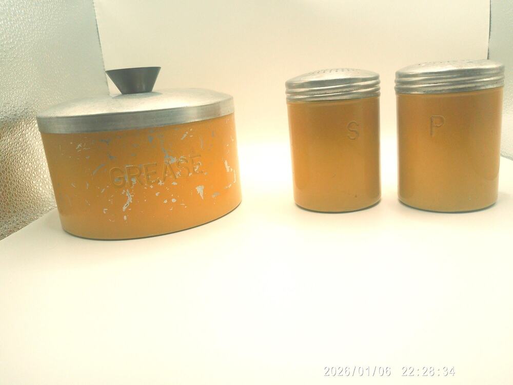 Copied - Vintage MCM Spun Aluminum 3 Piece Salt and Pepper Shaker Set.